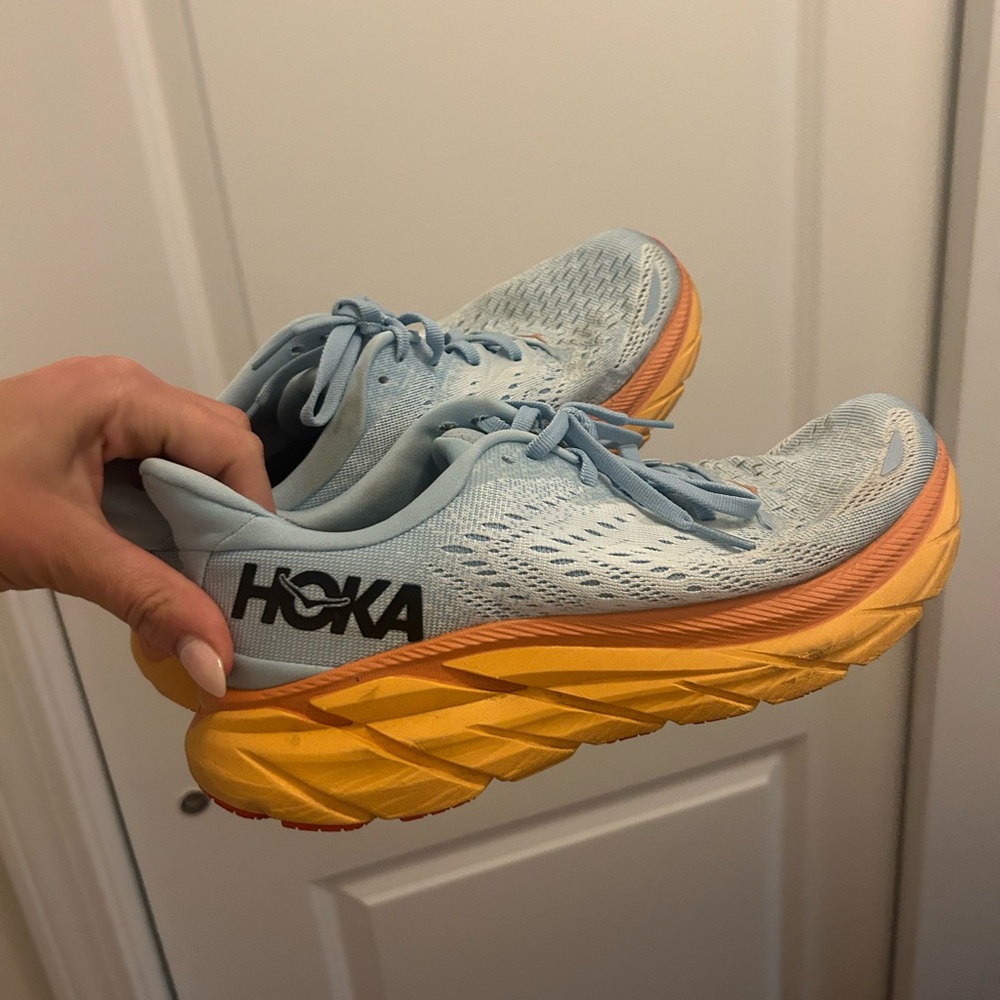 Hoka Clifton 8 Blue and Orange Running Sneaker